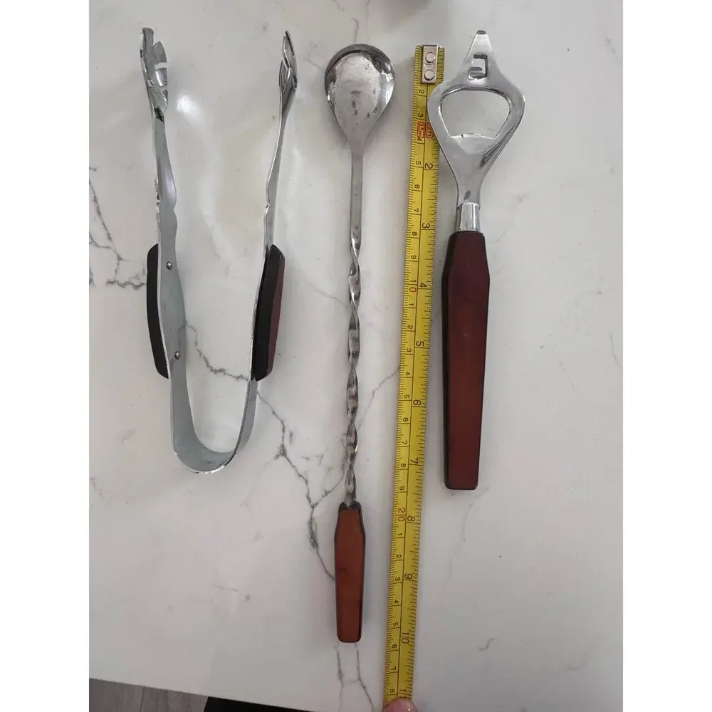Vintage Viatge Glo Hill Canada Bar Tool Set MCM Teak Handles